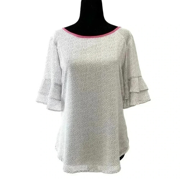 Ricki’s Blouse Short Ruffle Sleeves Sheer Flowy White Pink  Polka Dot Size Small - Picture 2 of 15